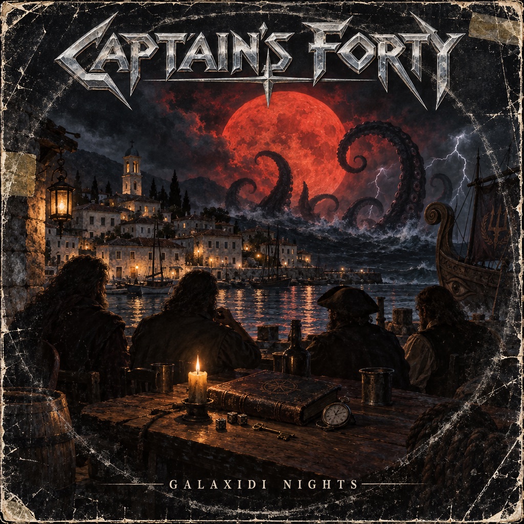 Captain's Forty album cover: a blood-red moon over Galaxidi, four men at a candlelit table